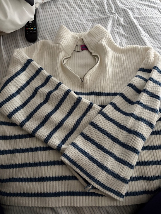 Edikted Sweaters - Edikted Cream and Navy Striped Half-Zip Turtleneck Sweater